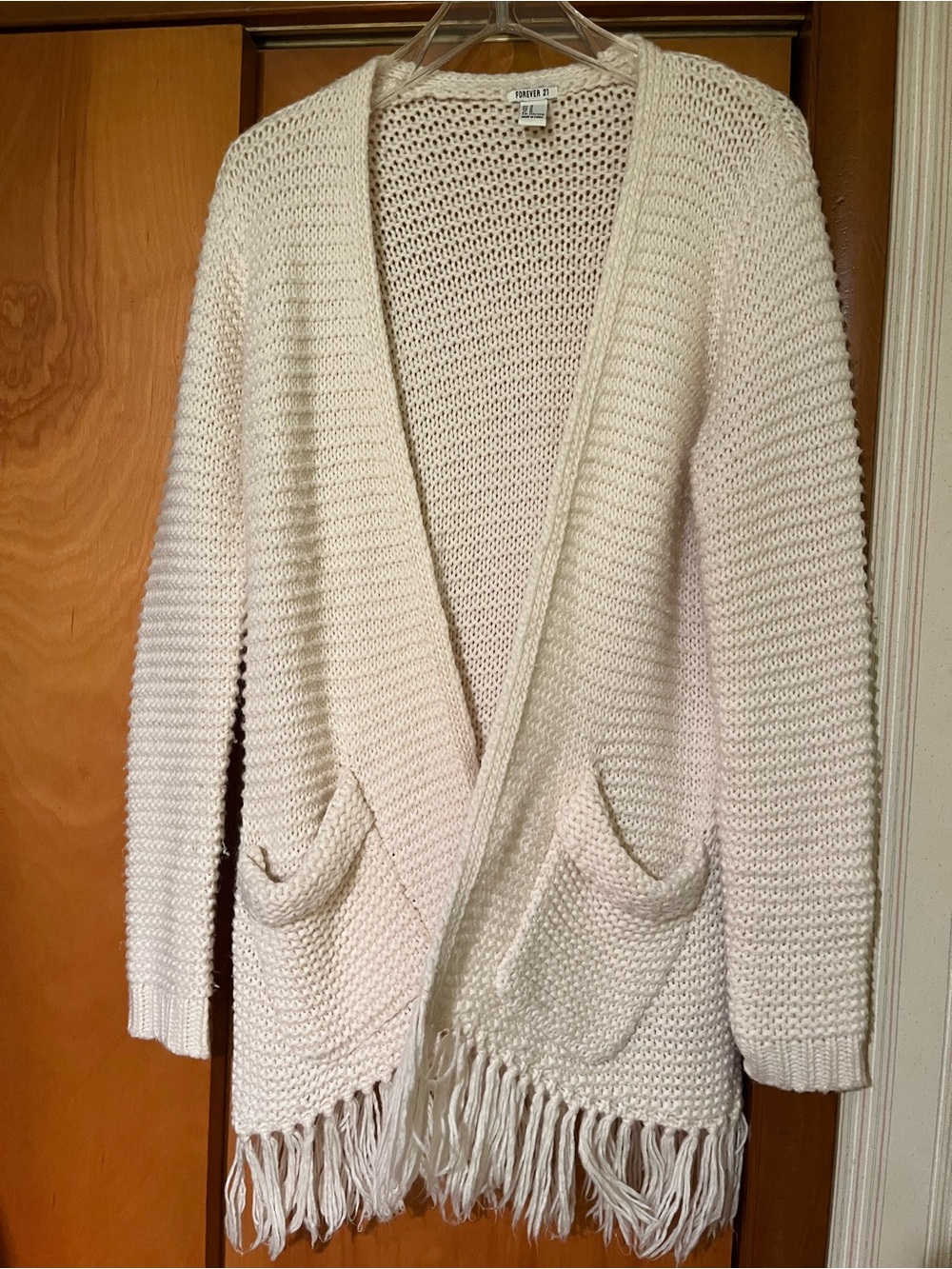 Forever 21 ladies Open-Front Cream Fringe Knit Cardigan Sweater, size Medium